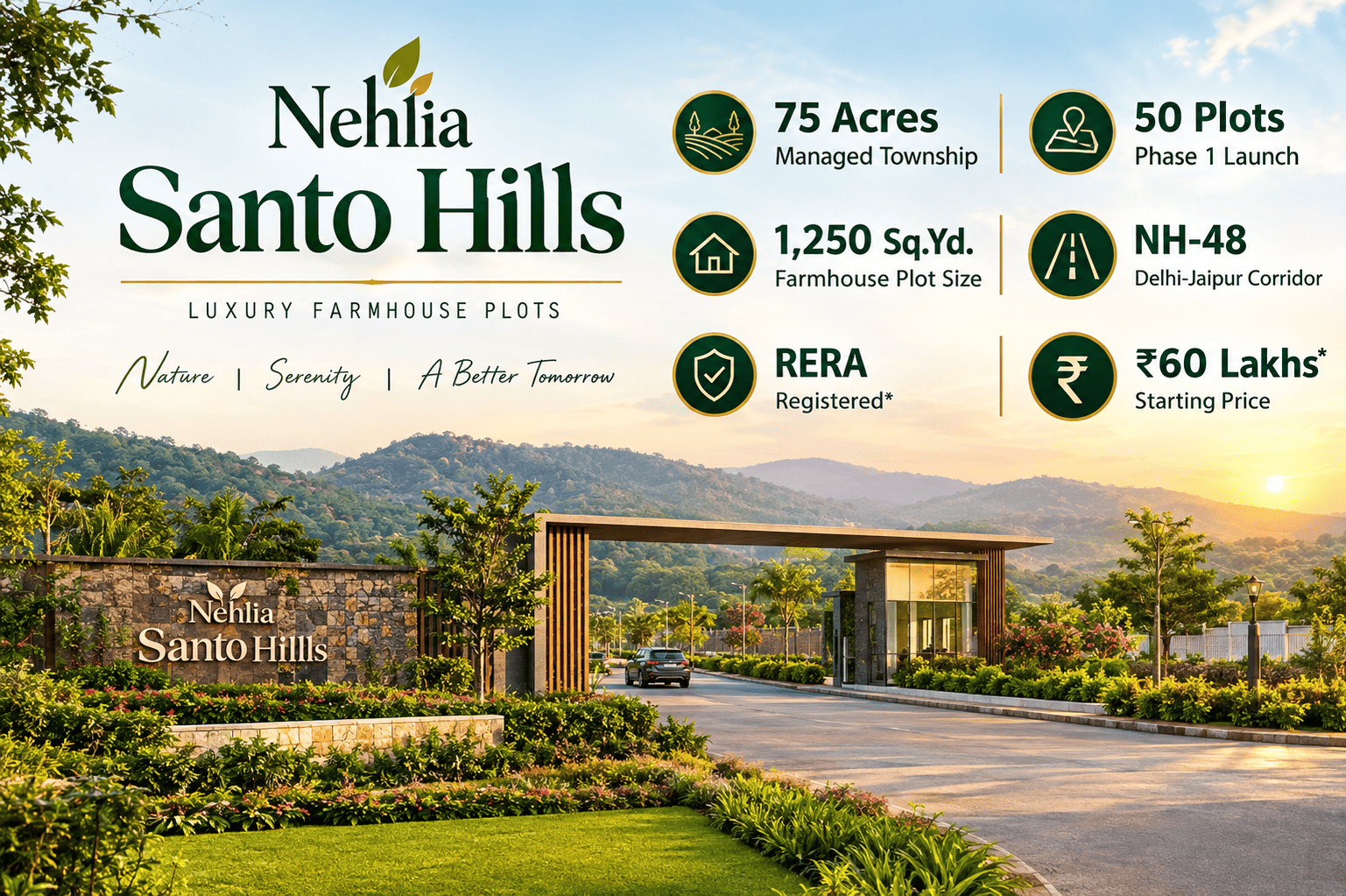 Nehlia Santo Hills luxury managed farmhouse community entrance in Neemrana