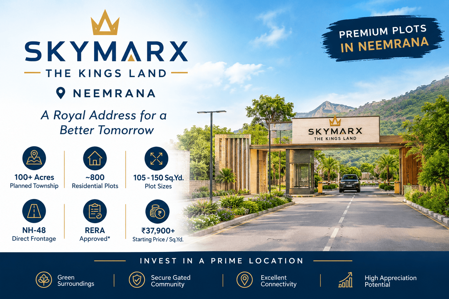 Skymarx The Kings Land Neemrana grand entrance gate with luxury villas